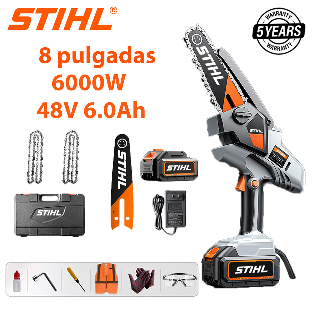 Sierra eléctrica de litio sin escobillas de 8 pulgadas, potencia 6000W, batería de 48V 6,0 Ah*1, cargador, placa guía*1, cadena*2, caja de herramientas, lubricante y gafas protectoras, cinco años de garantía